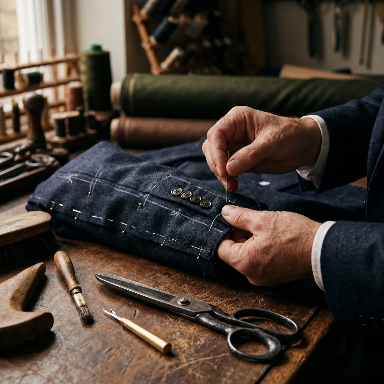 Hands finishing a navy jacket cuff